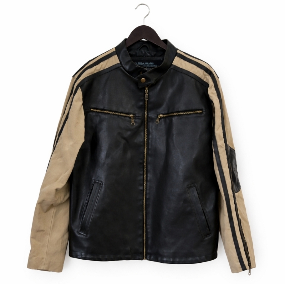 Type Field Apparel Black Tan Biker Jacket Mens Sz Lg